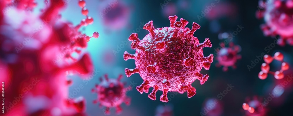 Poster 3d render of virus particles on a colorful background, illustrating infection.