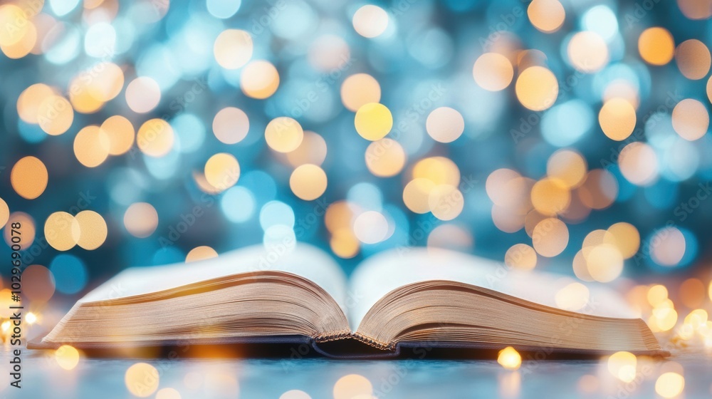 Poster an open book lies flat on a table, glowing softly with a sparkling bokeh effect creating a warm, inv