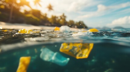 Numerous pieces of plastic debris are visible on the water's surface, illustrating the urgent issue of ocean pollution