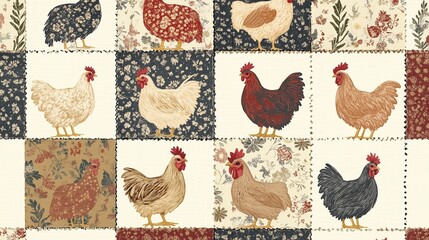 Colorful textile design showcasing various chickens in a patchwork pattern with floral motifs on a cream background