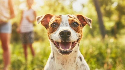 A joyful puppy sits contentedly in a park, basking in the sun while onlookers enjoy the warm day nearby