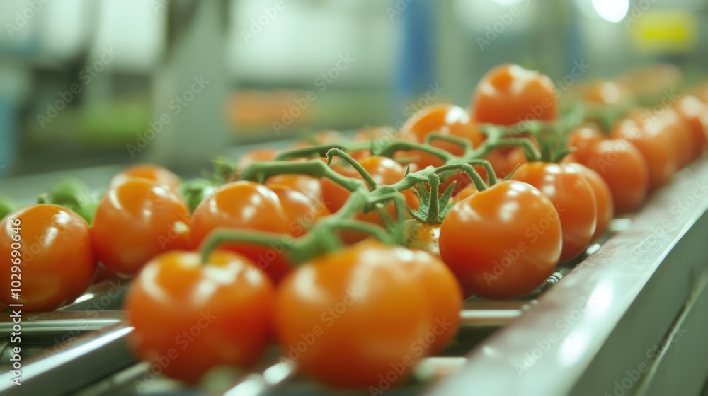Poster fresh red tomatoes are being efficiently sorted as they move along a conveyor belt in a packing faci