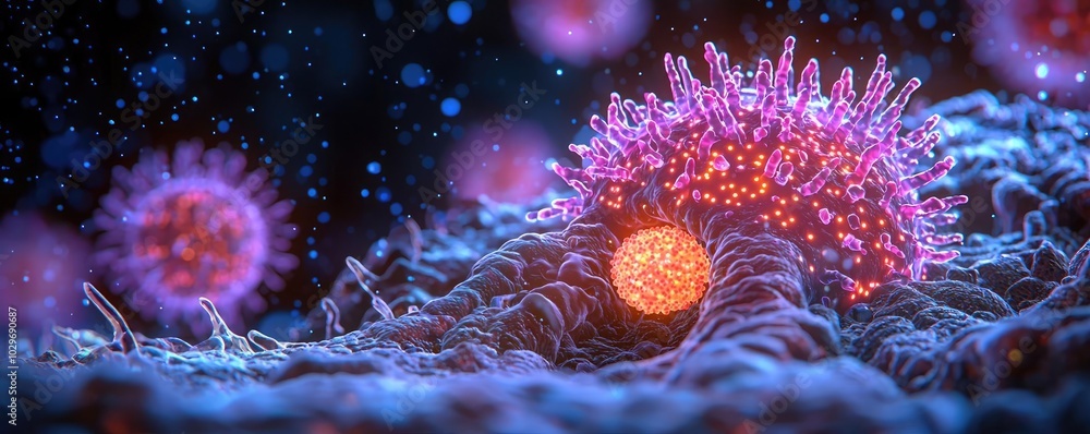 Poster colorful microscopic view of cells and viruses on a dark background.