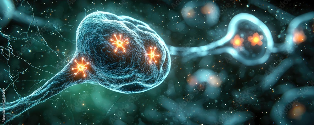 Poster Illustration of neurons with glowing synapses in a dark abstract environment.