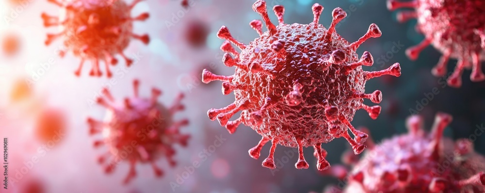 Aufkleber Microscopic view of virus with spikes on a colorful background.