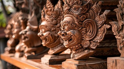Fototapeta premium Intricate Wooden Sculptures of Mythical Creatures