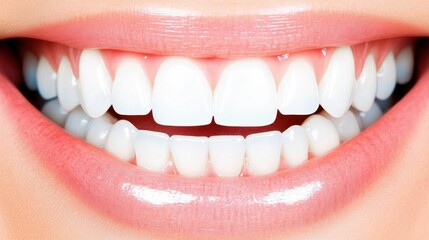 Extreme close-up of a bright smile showing perfect white teeth and healthy gums, highlighting oral health and dental care..