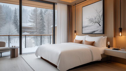 Obraz premium A warm bedroom, there is a white soft bed, there is a big oil painting of flowers on the wall, there is a big glass window, outside the window can see the snowy forest.