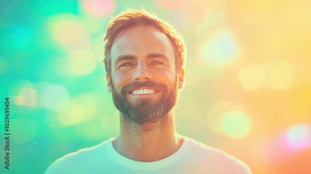 Poster a joyful man with a bright smile is surrounded by colorful bursts of light, creating an uplifting an