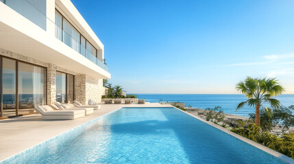 A luxurious modern villa with an infinity pool offering a stunning ocean view. Surrounded by nature, the scene embodies tranquility, relaxation, and opulence.