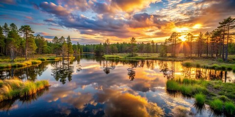 Obraz premium Aerial View of Swedish Swamp Lake and Forest at Sunset - Macro Photography Landscape