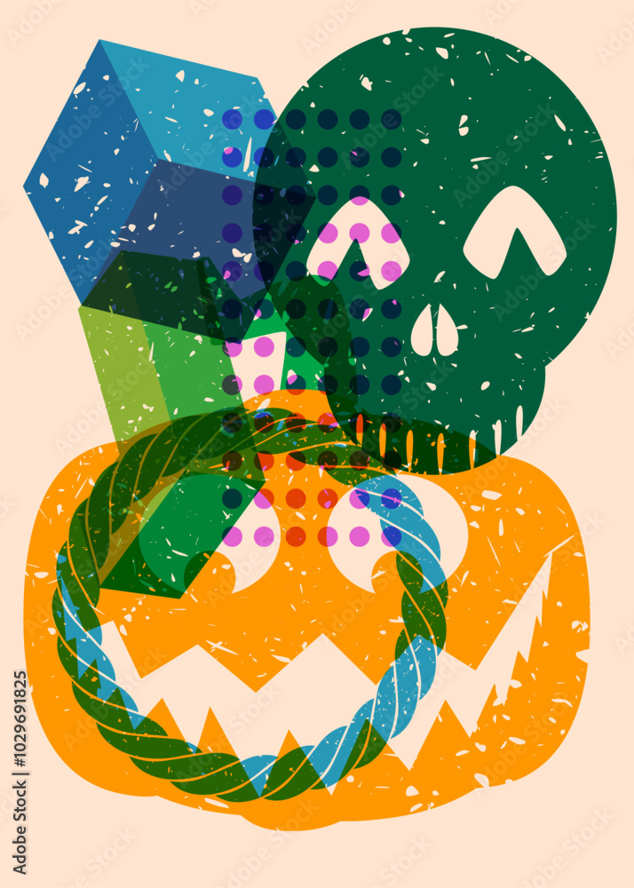 Poster risograph jack o' lantern and skull with geometric shapes. halloween objects in trendy riso graph pr