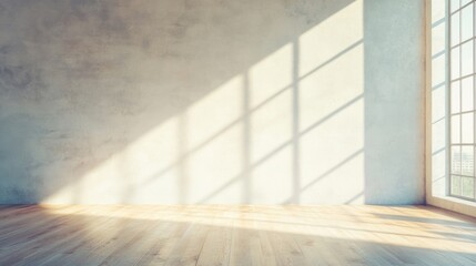 Obraz premium Soft sunlight fills a spacious, minimalistic room, highlighting its empty walls and wooden floor in a calm atmosphere