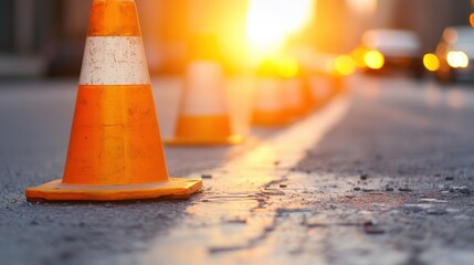 Traffic cones are lined up carefully on a city street while the sunset illuminates the area with a golden hue