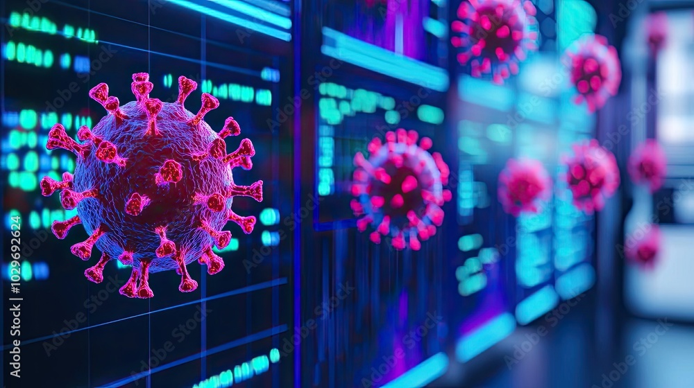 Poster microscopic view of a coronavirus with digital data in the background.