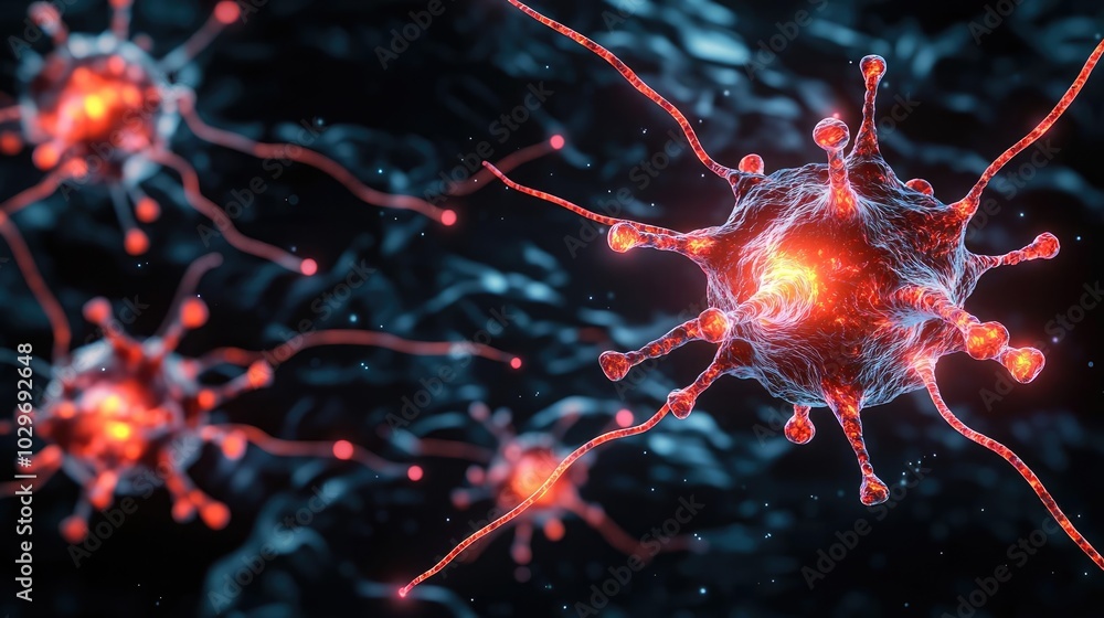 Poster close-up of red neurons on a dark background, showcasing neural connections and activity.