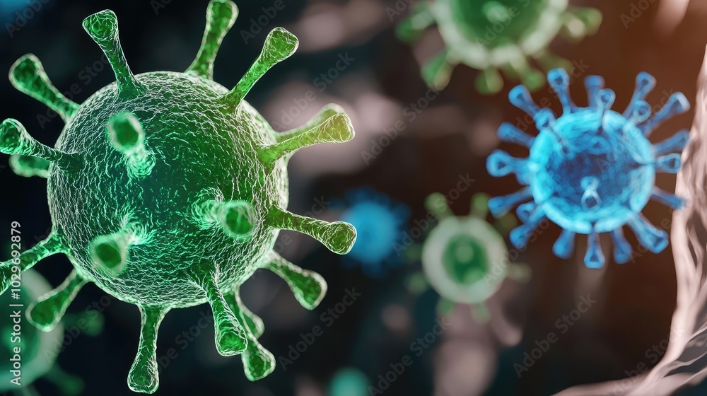 Poster microscopic view of colorful viruses on a dark background.