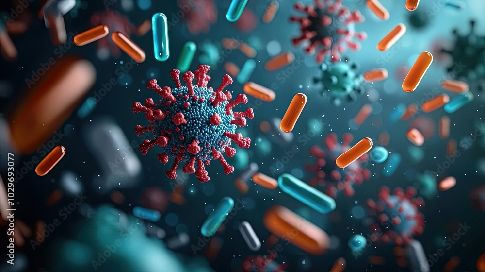 Poster microscopic view of viruses and bacteria in vibrant colors on a dark background