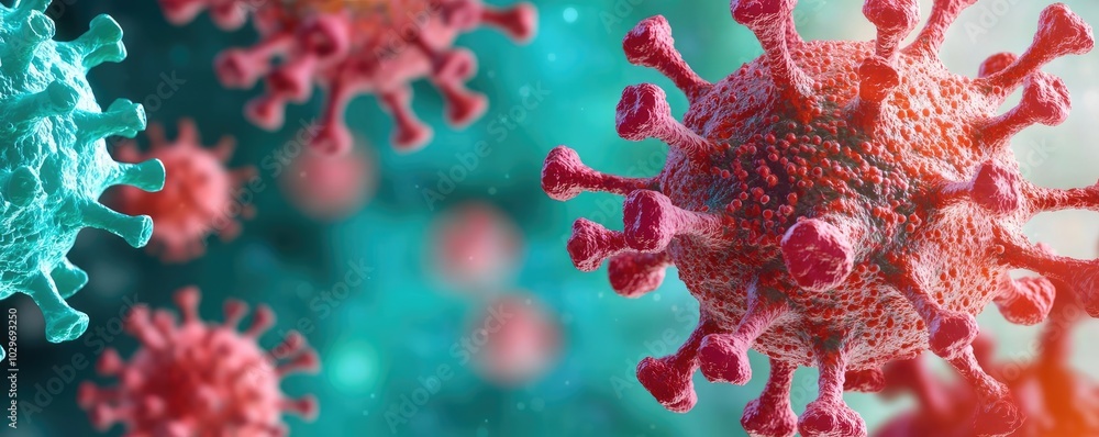 Aufkleber microscopic view of colorful virus particles on a vibrant background.
