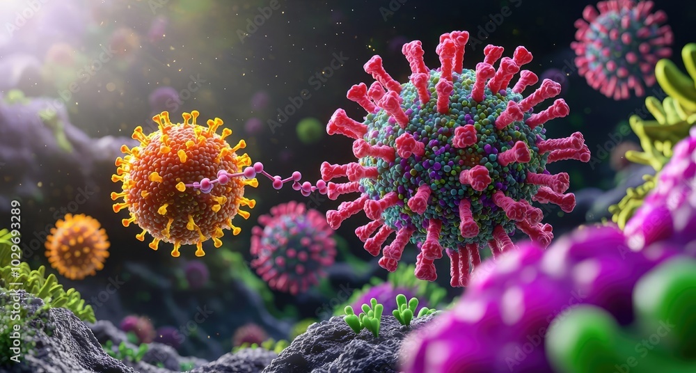 Poster microscopic view of virus cells interacting in a colorful environment.