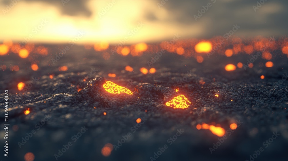 Poster lava streams actively move across rugged terrain as the sun sets, creating an awe-inspiring spectacl