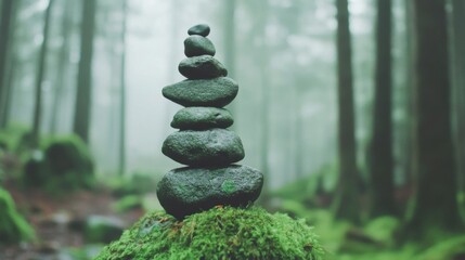 Obraz premium Zen stones are meticulously balanced on a mossy base, surrounded by dense trees in a peaceful forest atmosphere