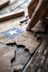 Naklejka premium Hand touching cracked wood with star design.