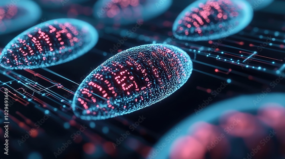 Poster abstract representation of digital cells on a dark background, futuristic design.