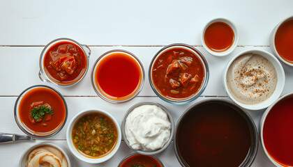 Many different sauces in bowls on white wooden table, top view. Space for text isolated with white highlights, png