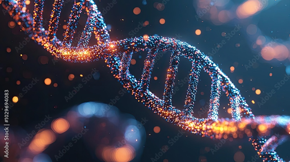 Aufkleber close-up view of a glowing dna double helix structure against a dark background.