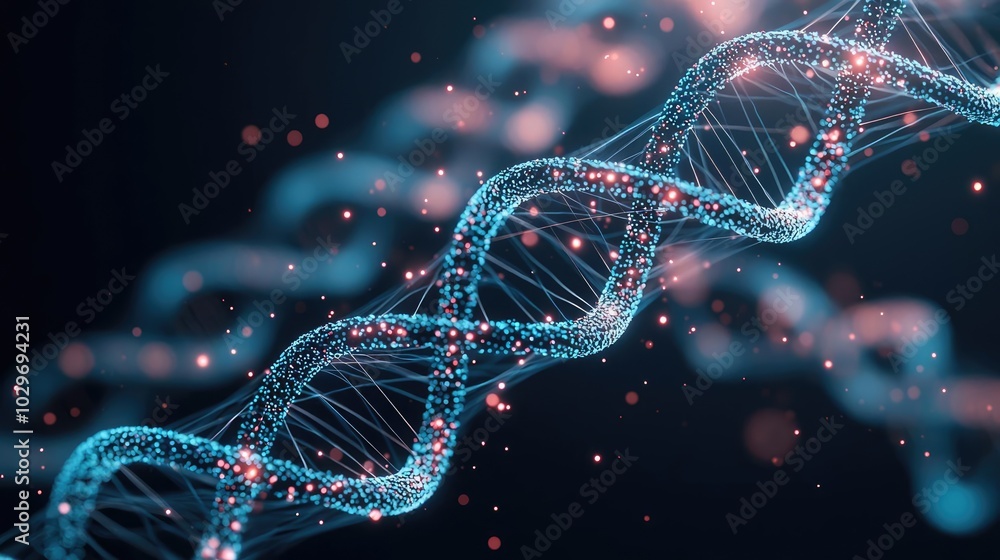 Poster abstract representation of dna strands with glowing elements.