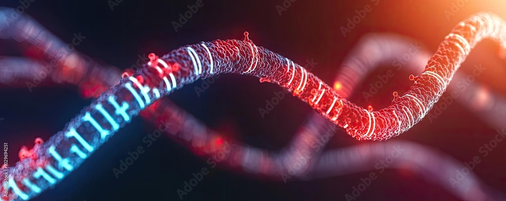 Poster abstract representation of dna strands in vibrant colors on a dark background.