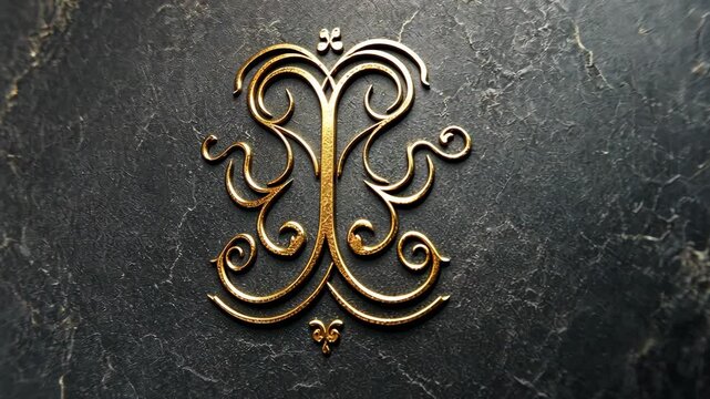 A golden, ornate logo with a flourish design sits on a dark, textured background