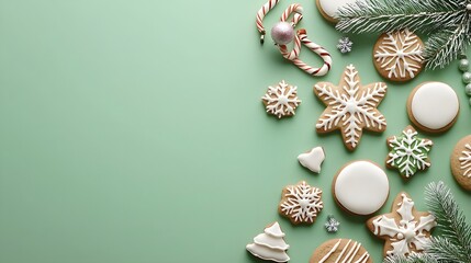 Festive flat lay of Christmas cookies on a green background, colorful icing and details, space for text, cheerful holiday presentation