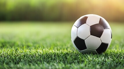Obraz premium Football on a lush green field, positioned slightly off-center, space for text on the upper half, warm natural lighting, detailed stitching. Football, Grass, Text Space