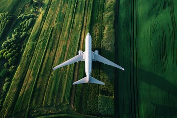 Aerial view of a passenger plane flying over the green field