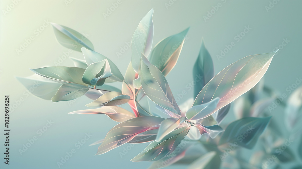 Aufkleber floating, geometric plant structures with sharp, angular leaves, rendered in soft pastel tones and s