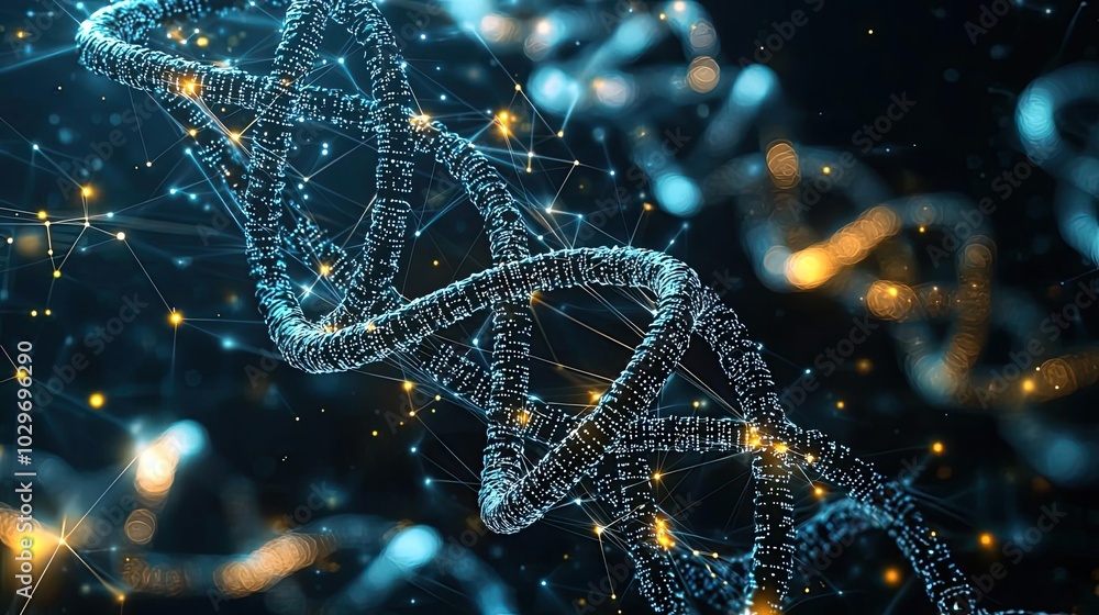 Poster stylized dna strands with glowing particles on a dark background.