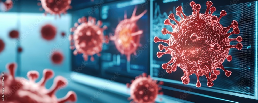 Poster 3d rendering of viruses with digital background, illustrating infectious disease.
