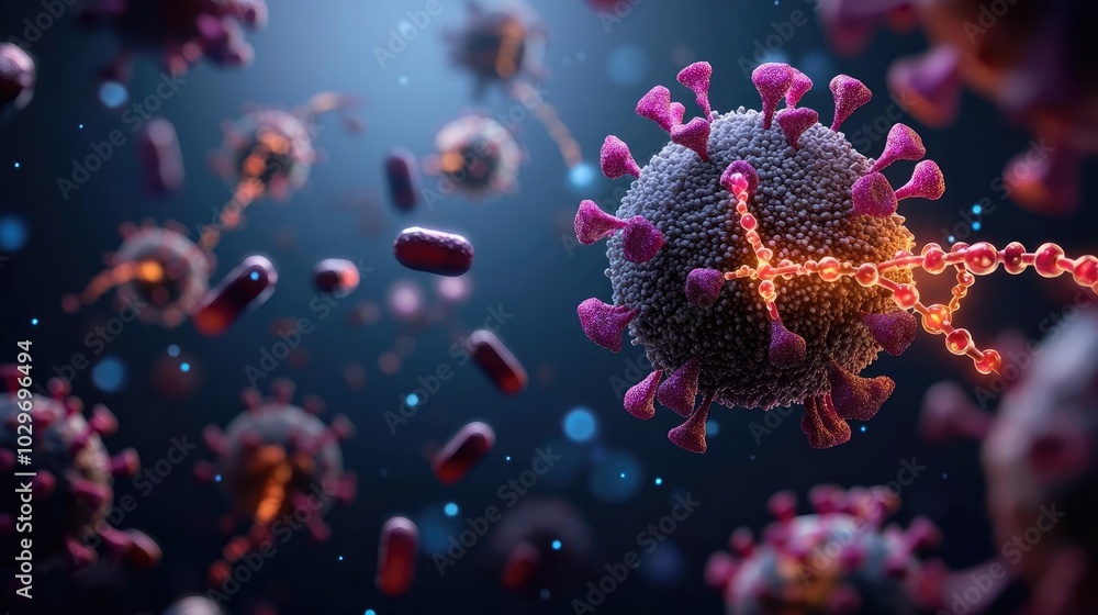Aufkleber 3d rendering of virus particles in a microscopic view, dark background.