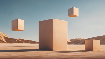 Abstract floating cubes in a desert landscape