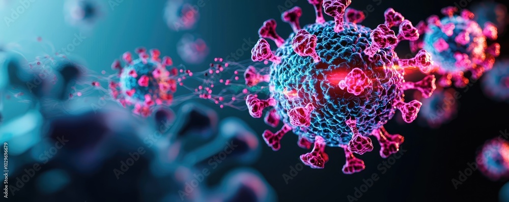 Poster colorful virus particles under a microscope, abstract science background
