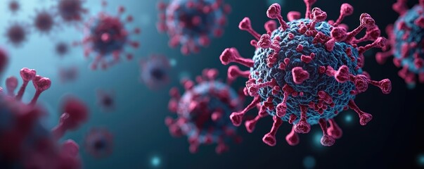 Microscopic view of coronavirus particles on a dark background.