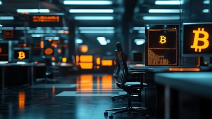 Futuristic cryptocurrency trading floor with glowing screens