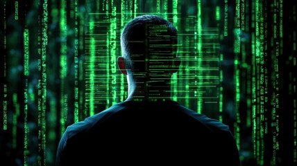 Individual immersed in a digital matrix environment