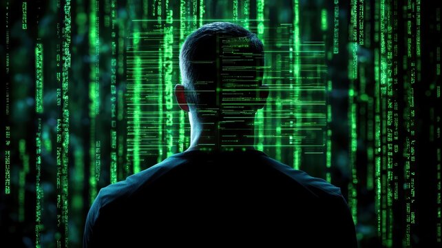 Individual immersed in a digital matrix environment