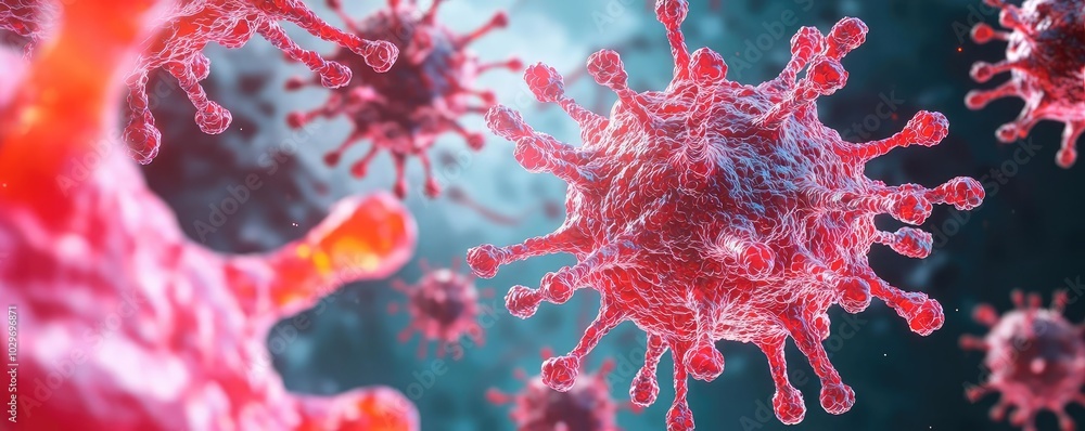 Poster microscopic view of a virus on a colorful background, showcasing intricate details.