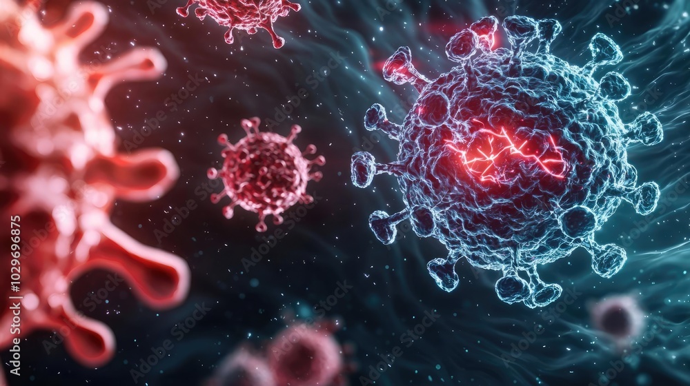 Poster microscopic view of virus particles in a dark environment