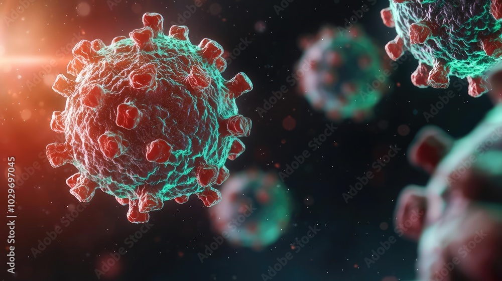 Aufkleber Microscopic view of a virus on a dark background with colorful highlights.