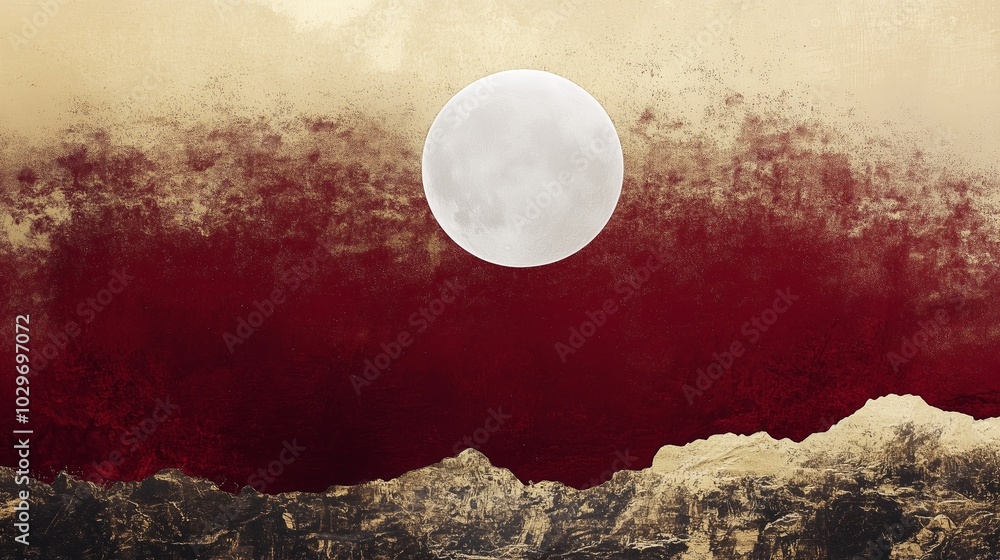 Canvas Prints A warm sunset over textured mountains with a large full moon rising in the sky creating a serene atmosphere